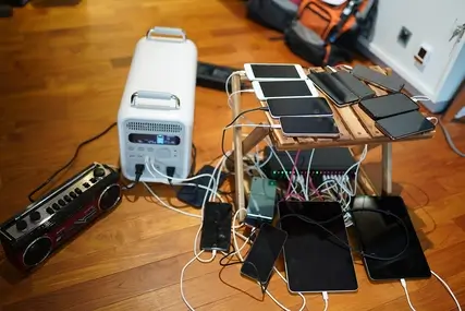 SABUMAで複数のスマホやタブレットを充電している様子